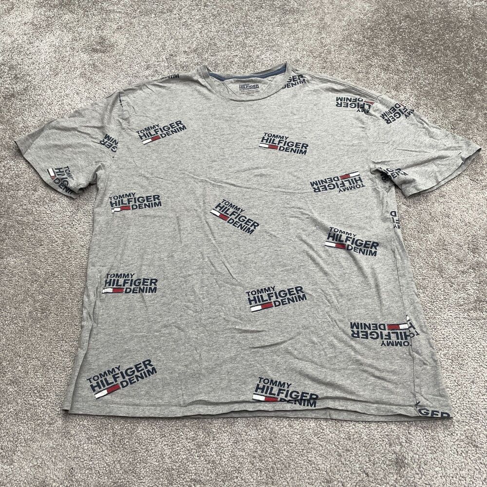 Tommy Hilfiger Denim 1990's Oversized T-Shirt Mens Large Gray All Over Print Tee